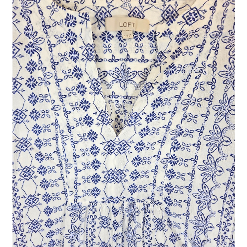 LOFT Ann Taylor Blue White Peasant Blouse Women L Boho Long Sleeve Cottagecore - Picture 2 of 7